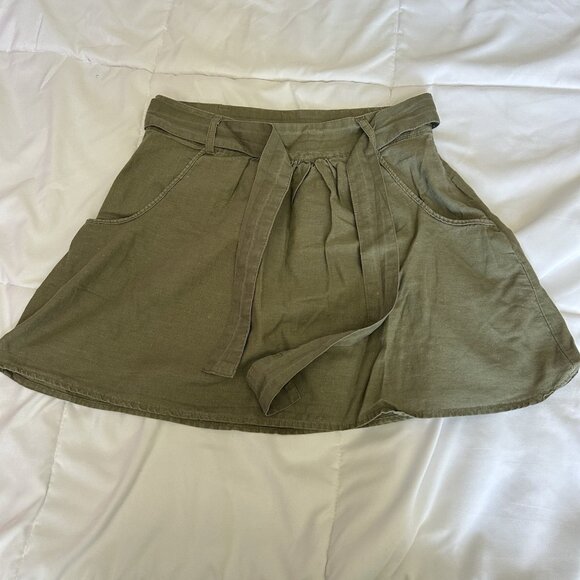 Womens Size Small Army Green Tie Pockets Side Zip Linen Blend Mini Skirt - Picture 1 of 9